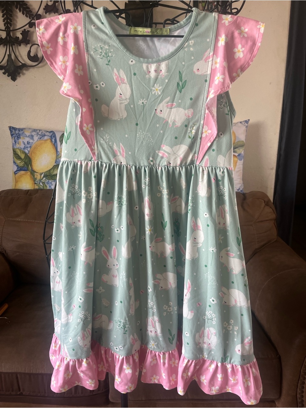 Girls' Bunny Print Dress in Mint Green and Pink
